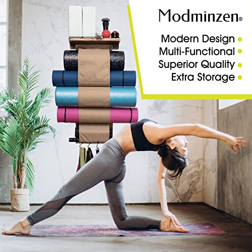 Wall-Mounted Yoga Mat Holder with Wood Shelf & Hooks