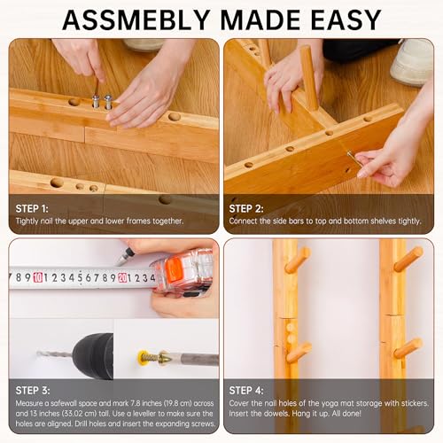 Bamboo Yoga Mat Wall Holder with Accessory Rack