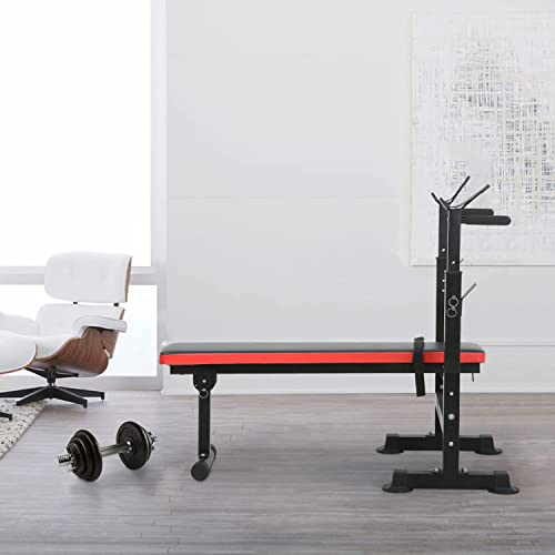Adjustable Weight Bench with Barbell Rack and Dip Station