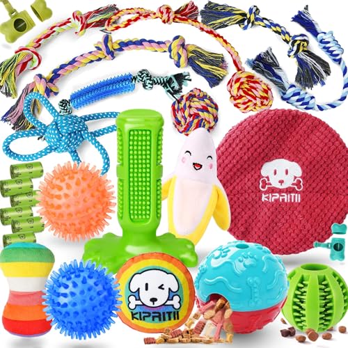 KIPRITII Dog Chew Toys for Puppy - 23 Pack Puppies Teething Chew Toys for Boredom, Pet Dog Toothbrush Chew Toys with Rope Toys, Treat Balls and Dog Squeaky Toy for Puppy and Small Dogs