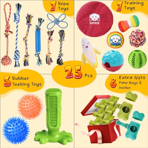 KIPRITII Dog Chew Toys for Puppy - 23 Pack Puppies Teething Chew Toys for Boredom, Pet Dog Toothbrush Chew Toys with Rope Toys, Treat Balls and Dog Squeaky Toy for Puppy and Small Dogs