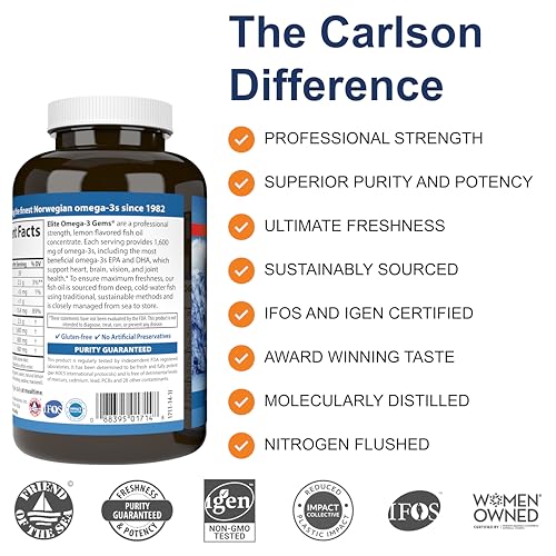 Carlson Elite Omega-3 1600mg Capsules, Lemon, 120 count