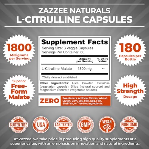 Zazzee High Strength L-Citrulline Malate Capsules, 180 ct