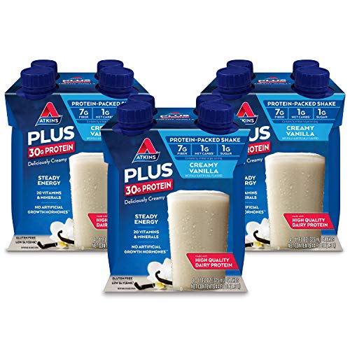 Atkins Creamy Vanilla PLUS Protein Shake, 30g Protein, 7g Fiber, 1g Net Carb, 1g Sugar, Keto Friendly, Low Carb, High Protein Drink, 12 Count