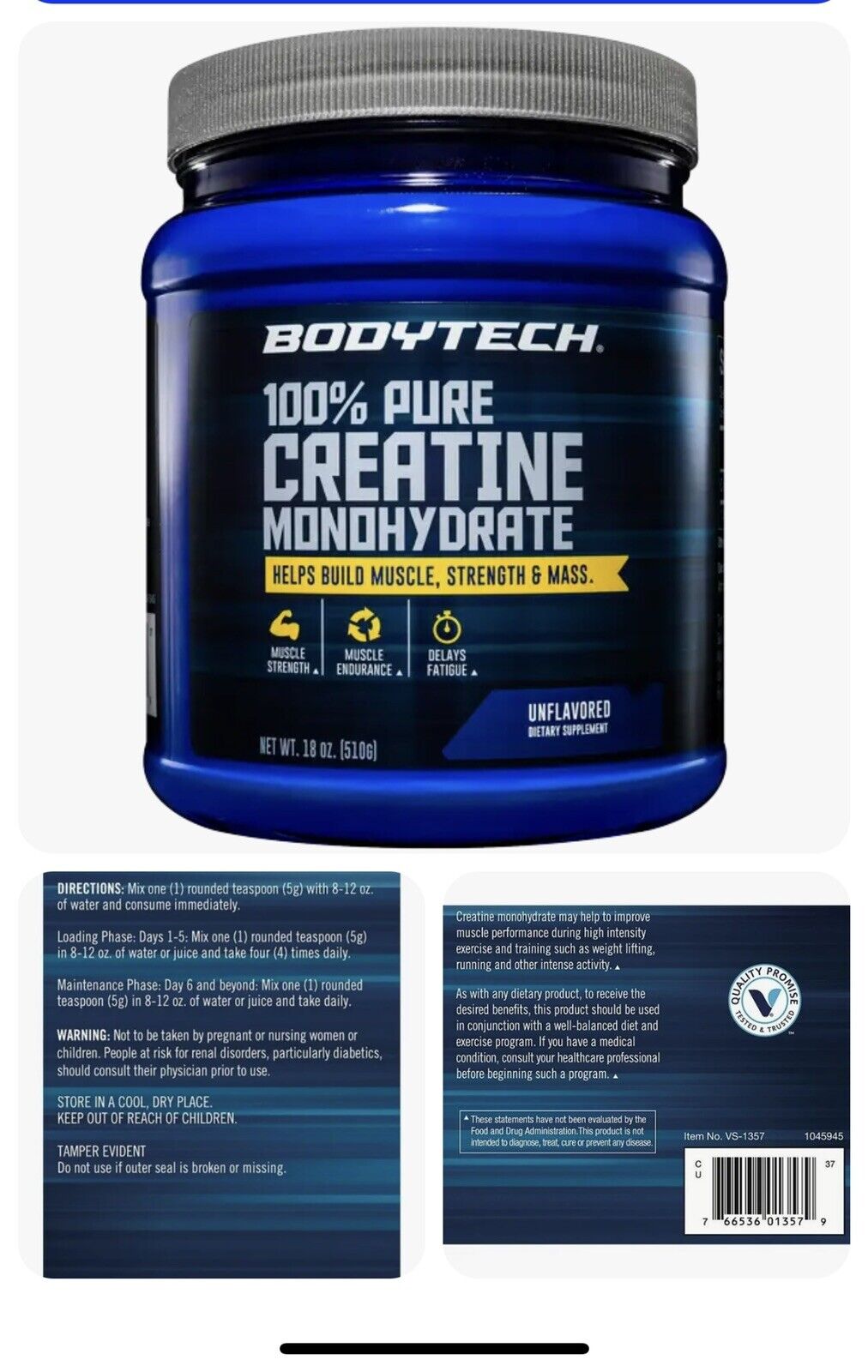 BODYTECH 100% Pure Creatine Monohydrate Powder (18 oz)