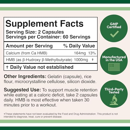 USA Made HMB Supplement, 1000mg per Serving, 120 Capsules