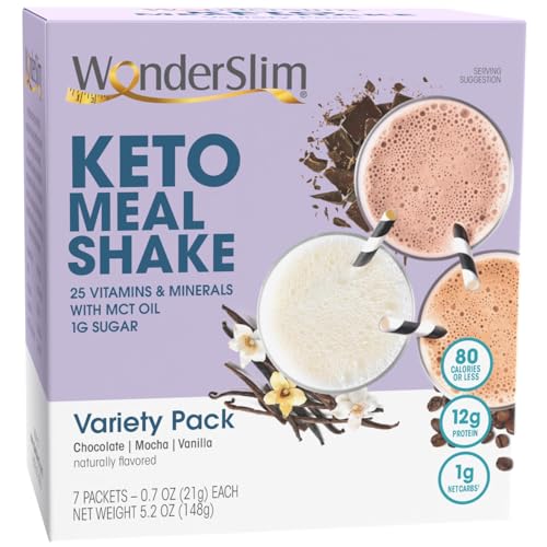 WonderSlim Keto Meal Replacement Shake, Variety Pack, Low Carb, C8 MCTs, 12g Protein, Collagen, 25 Vitamins & Minerals, Gluten Free (7ct)
