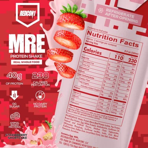 REDCON1 MRE Ready to Drink Protein Shakes, Strawberry Shortcake - 40grams Protein Drinks with Whole Food Sources - Sugar Free RTD Shake Formulated to Fuel Athletes at Any Time (12 Pack)