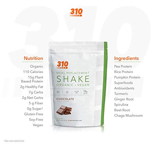 310 Nutrition - Vegan Organic Plant Powder and Meal Replacement Shake - Gluten, Dairy, and Soy Free - Keto and Paleo Friendly - 0 Grams of Sugar - Chocolate - 28 Servings