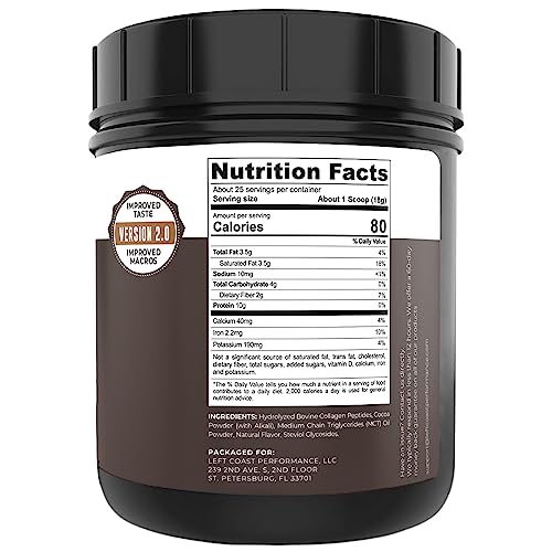 Left Coast Performance Keto Collagen Protein Powder Chocolate, 10g Grass-Fed Collagen, 5g MCT Powder, 1lb, 25 Servings, No Carb Protein Powder, Low Carb Meal Replacement Shakes, Ketogenic Shake Mix