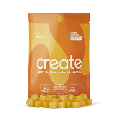 Create Creatine Monohydrate Gummies for Women & Men, Boost Focus, Strength, and Endurance, Anti-Melting Formula, Vegan, Gluten-Free, Non-GMO, 1.5g of Creatine per Gummy (Orange, 90ct)