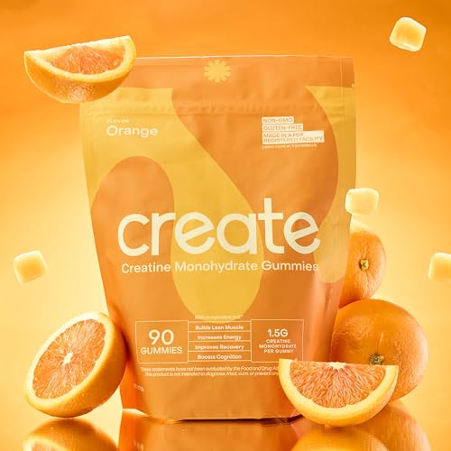 Create Creatine Monohydrate Gummies for Women & Men, Boost Focus, Strength, and Endurance, Anti-Melting Formula, Vegan, Gluten-Free, Non-GMO, 1.5g of Creatine per Gummy (Orange, 90ct)