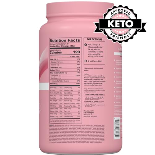 Flat Tummy Tea Meal Replacement Shake – Strawberry, 20 Servings, EBT Eligible - Plant Based Protein Powder for Women – Vitamins & Minerals - Dairy Free, Gluten Free, Keto-Friendly Shakes - 1.76 Pound (Pack of 1)