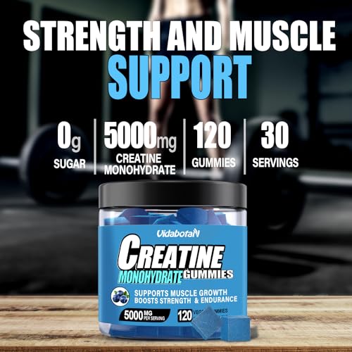 vidabotan Creatine Monohydrate Gummies for Men & Women-5g of Creatine Monohydrate per Serving- Increase Strength and Build Muscle,Sugar Free,Vegan,Blueberry Flavor, 120 Count