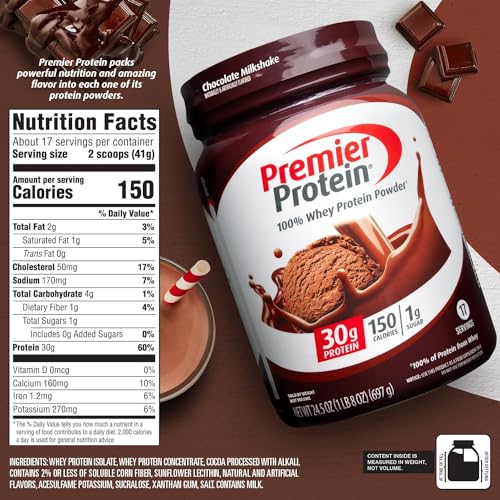 Premier Protein Powder, Chocolate Milkshake, 30g Protein, 1g Sugar, 100% Whey Protein, Keto Friendly, No Soy Ingredients, Gluten Free, 17 servings, 24.5 ounces