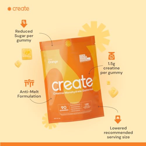 Create Creatine Monohydrate Gummies for Women & Men, Boost Focus, Strength, and Endurance, Anti-Melting Formula, Vegan, Gluten-Free, Non-GMO, 1.5g of Creatine per Gummy (Orange, 90ct)