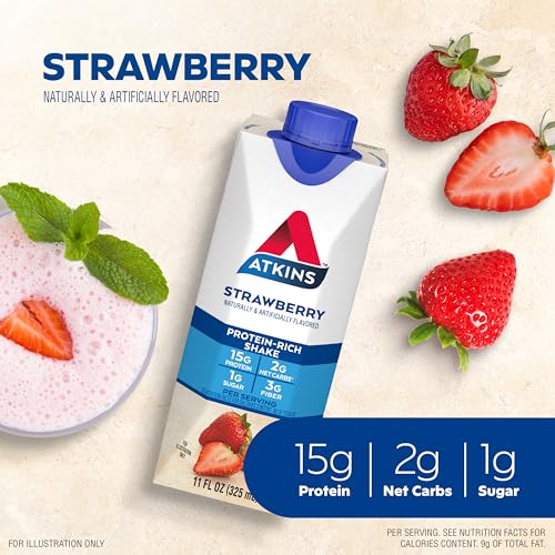 Atkins Strawberry Protein Shake, 15g Protein, Low Glycemic, 2g Net Carb, 1g Sugar, Keto Friendly, 12 Count