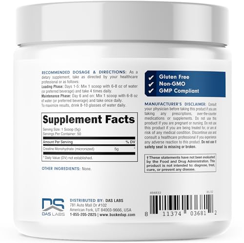Bucked Up Creatine Monohydrate 250 Grams Micronized Powder, Essentials (50 Servings)