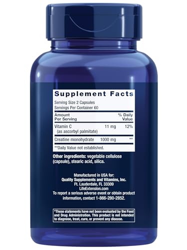 Life Extension Creatine Capsules – Creatine Monohydrate – Promotes Strength, Lean Muscle, Healthy Endurance – Non-GMO, Gluten-Free – 120 Capsules