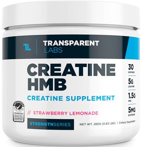 Transparent Labs Creatine HMB - Creatine Monohydrate Powder with HMB for Muscle Growth, Increased Strength, Enhanced Energy Output, and Improved Athletic Performance - 30 Servings, Strawberry Lemonade