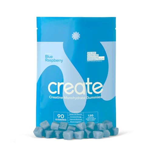 Create Creatine Monohydrate Gummies for Women & Men, Boost Focus, Strength, and Endurance, Anti-Melting Formula, Vegan, Gluten-Free, Non-GMO, 1.5g of Creatine per Gummy (Blue Raspberry, 90ct)