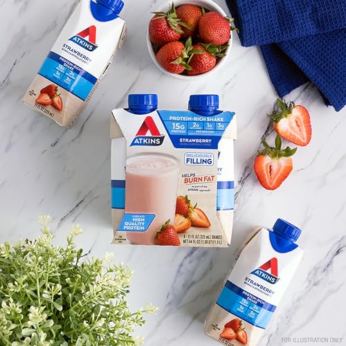 Atkins Strawberry Protein Shake, 15g Protein, Low Glycemic, 2g Net Carb, 1g Sugar, Keto Friendly, 12 Count
