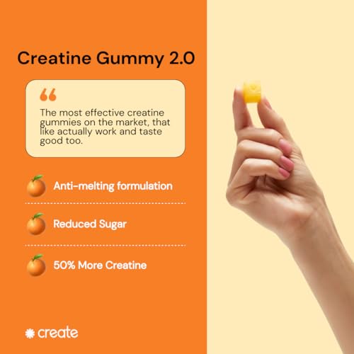 Create Creatine Monohydrate Gummies for Women & Men, Boost Focus, Strength, and Endurance, Anti-Melting Formula, Vegan, Gluten-Free, Non-GMO, 1.5g of Creatine per Gummy (Orange, 90ct)