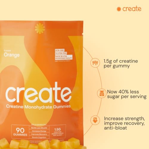 Create Creatine Monohydrate Gummies for Women & Men, Boost Focus, Strength, and Endurance, Anti-Melting Formula, Vegan, Gluten-Free, Non-GMO, 1.5g of Creatine per Gummy (Orange, 90ct)