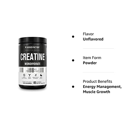 Jacked Factory Creatine Monohydrate Powder 425g - Creatine Supplement for Muscle Growth, Increased Strength, Enhanced Energy Output and Improved Athletic Performance 85 Servings, Unflavored