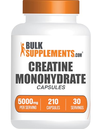 BULKSUPPLEMENTS.COM Creatine Monohydrate Capsules - Micronized Creatine Monohydrate, Creatine Pills - 7 Creatine Capsules per Serving, 5000mg, Gluten Free, 210 Capsules (Pack of 1)