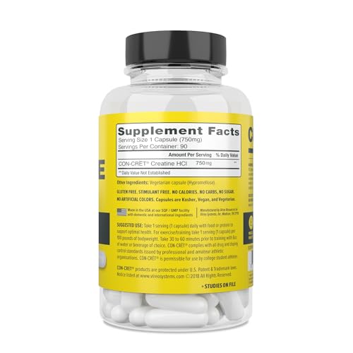 ProMera Sports CON-CRET Patented Creatine HCl Capsules, Stimulant-Free Workout Supplement for Energy, Strength, and Endurance, 90 Count