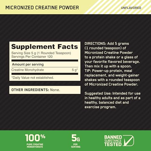 Optimum Nutrition Micronized Creatine Monohydrate Powder, Unflavored, Keto Friendly, 120 Servings (Packaging May Vary)