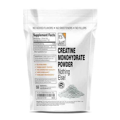It's Just! - Creatine Monohydrate Powder, Pure Creatine Powder, Made in USA, 3rd Party Lab Tested, 5g Per Serving, Scoop Included, No Fillers, No Added Flavor (Unflavored, 500g / 100 Servings)