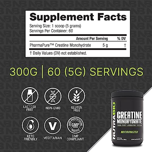 NutraBio Creatine Monohydrate Supplement, Unflavored, (300 g) - Supports Muscle Energy, Recovery, and Strength - HPLC Tested Pure Grade Creatine Supplement