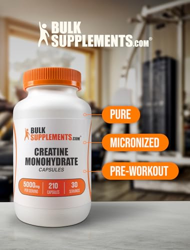 BULKSUPPLEMENTS.COM Creatine Monohydrate Capsules - Micronized Creatine Monohydrate, Creatine Pills - 7 Creatine Capsules per Serving, 5000mg, Gluten Free, 210 Capsules (Pack of 1)