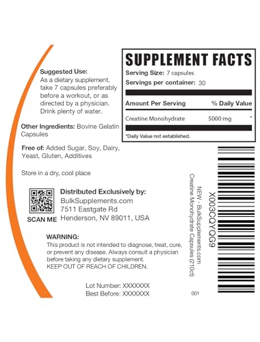 BULKSUPPLEMENTS.COM Creatine Monohydrate Capsules - Micronized Creatine Monohydrate, Creatine Pills - 7 Creatine Capsules per Serving, 5000mg, Gluten Free, 210 Capsules (Pack of 1)