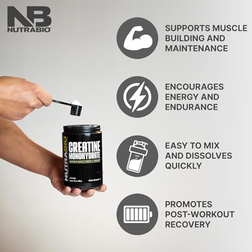 NutraBio Creatine Monohydrate Supplement, Unflavored, (300 g) - Supports Muscle Energy, Recovery, and Strength - HPLC Tested Pure Grade Creatine Supplement