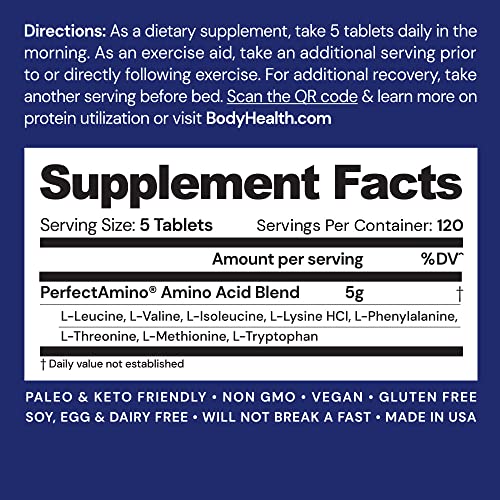 BodyHealth PerfectAmino, All 8 Essential Amino Acids with BCAAs + Lysine, Phenylalanine, Threonine, Methionine, Tryptophan, Supplement for Muscle Mass Production, Recovery & Strength (600 ct)