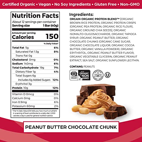 Orgain Organic Vegan Protein Bars, Peanut Butter Chocolate Chunk