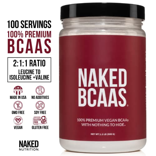 NAKED nutrition Naked BCAAs Amino Acids Powder, Only 1 Ingredient, Pure 2:1:1 Formula, Vegan Unflavored Branched Chain Amino Acids, Instantized All Natural BCAA Supplement - 500 Grams, 100 Servings