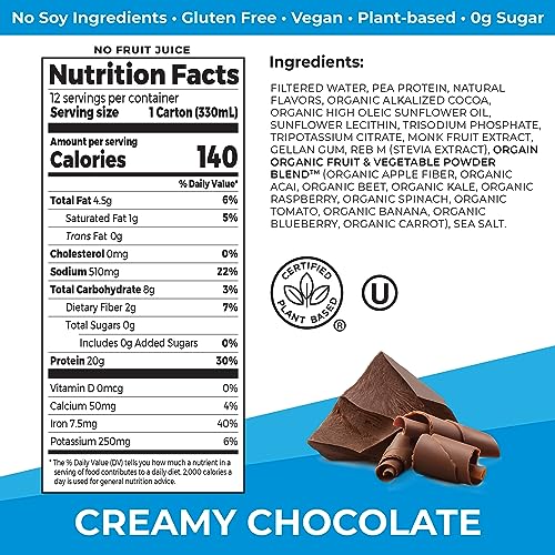 Orgain Vegan Protein Shake, Chocolate - 20g Plant Protein, Organic, Gluten/Dairy/Soy Free