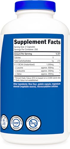 Nutricost BCAA 1000mg, 500 Capsules (250 Serv), 2:1:1 Branched Chain Amino Acids (500mg of L-Leucine, 250mg of L-Isoleucine and L-Valine)