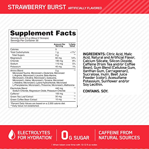 Optimum Nutrition Amino Energy Powder Plus Hydration, with BCAA, Electrolytes, and Caffeine, Strawberry Burst, 30 Servings (Packaging May Vary)