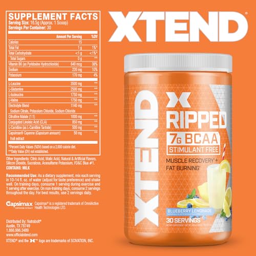 XTEND Ripped BCAA Powder Blueberry Lemonade | Cutting Formula + Sugar Free Post Workout Muscle Recovery Drink with Amino Acids | 7g BCAAs for Men & Women | 30 Servings