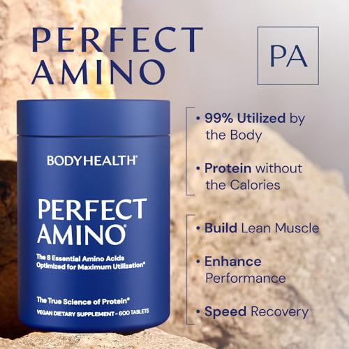 BodyHealth PerfectAmino, All 8 Essential Amino Acids with BCAAs + Lysine, Phenylalanine, Threonine, Methionine, Tryptophan, Supplement for Muscle Mass Production, Recovery & Strength (600 ct)
