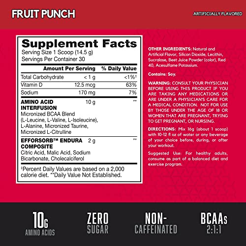 BSN Amino X Muscle Recovery & Endurance Powder with BCAAs, Intra Workout Support, 10 Grams of Amino Acids, Keto Friendly, Caffeine Free, Flavor: Fruit Punch, 30 servings (Packaging May Vary)