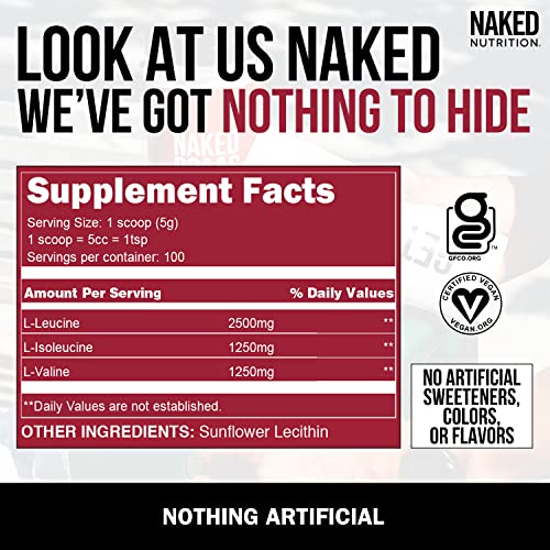 NAKED nutrition Naked BCAAs Amino Acids Powder, Only 1 Ingredient, Pure 2:1:1 Formula, Vegan Unflavored Branched Chain Amino Acids, Instantized All Natural BCAA Supplement - 500 Grams, 100 Servings