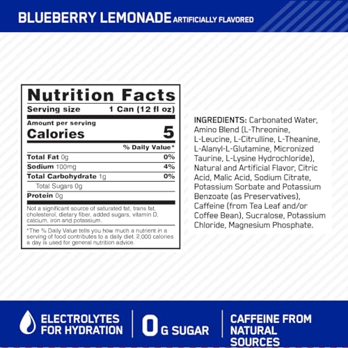 Optimum Nutrition Amino Energy Sparkling Hydration Drink, Electrolytes, Caffeine, Amino Acids, BCAAs, Sugar Free, Blueberry Lemonade, 12 Fl Oz, 12 Pack (Packaging May Vary)