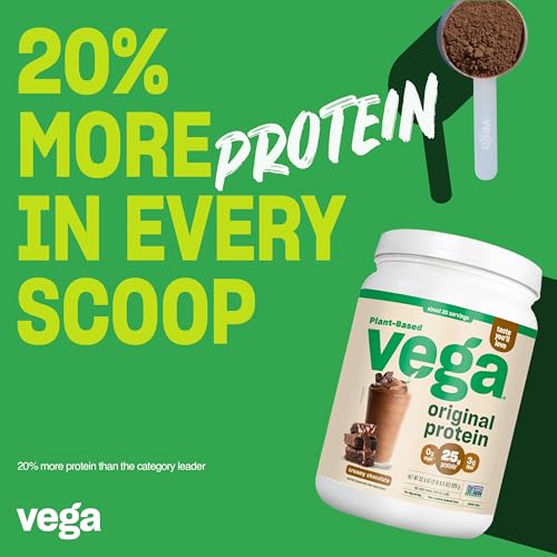 Vega Original Protein Powder, Creamy Chocolate Plant Based Protein Drink Mix for Water, Milk and Smoothies, 32.5 oz