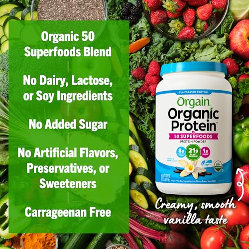 Orgain Organic Protein + Superfoods Powder, Vanilla Bean - 21g of Protein, Vegan, Plant Based, 5g of Fiber, No Dairy, Gluten, Soy or Added Sugar, Non-GMO, 2.02lb